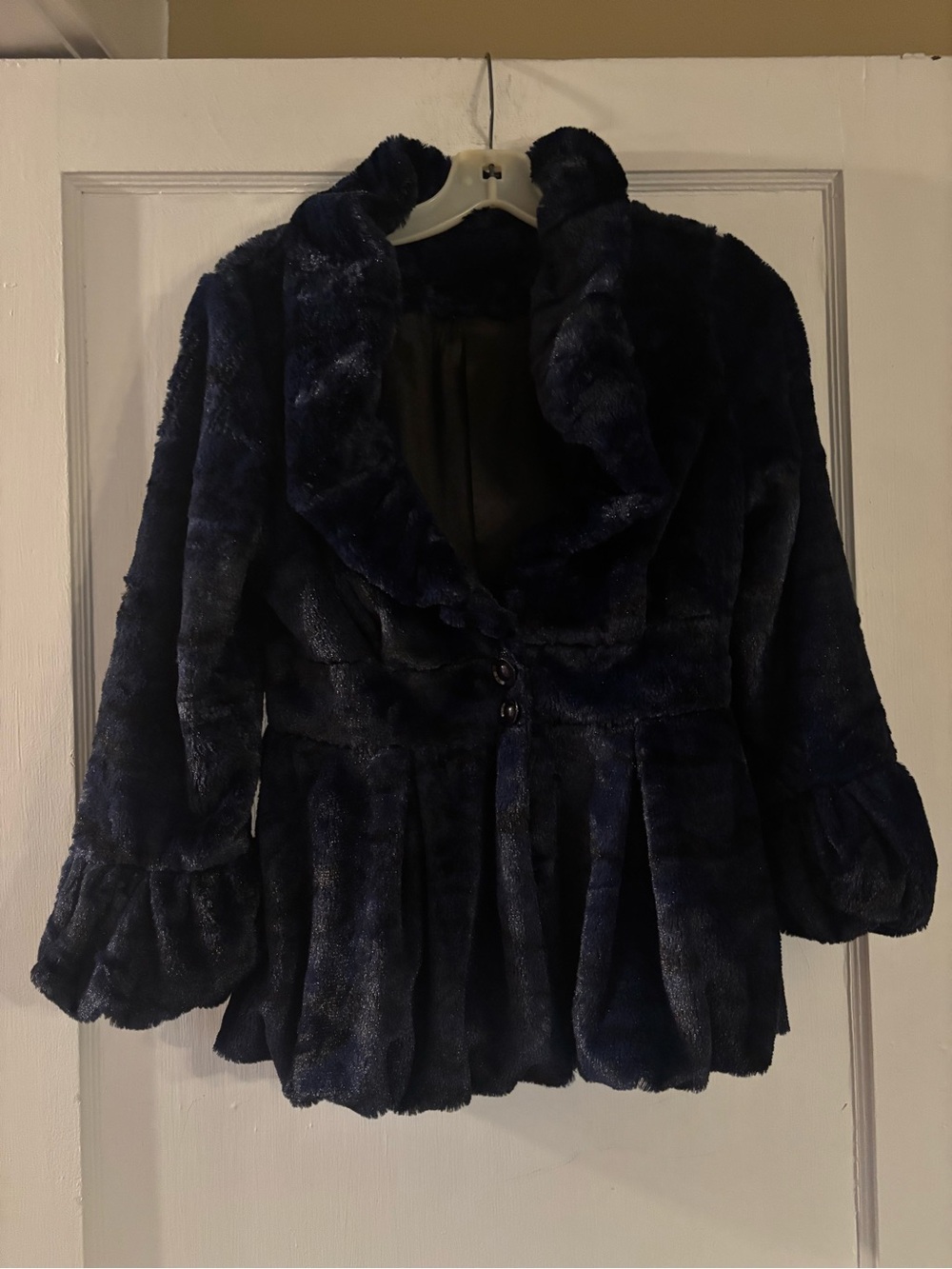 Faux blue soft fur jacket pleated back
